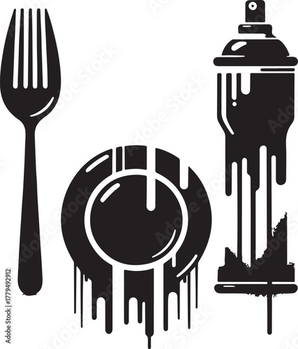 Plate, spoon and fork graffiti with black spray paint. vector illustration