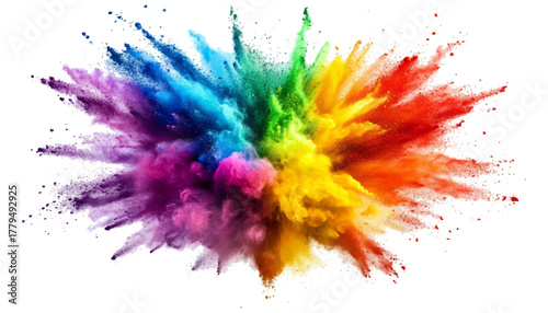 Explosion of colorful powder clouds creating abstract rainbow energy burst. Vibrant explosion of colorful holi paint powder in the air, creating a rainbow effect against a white background.