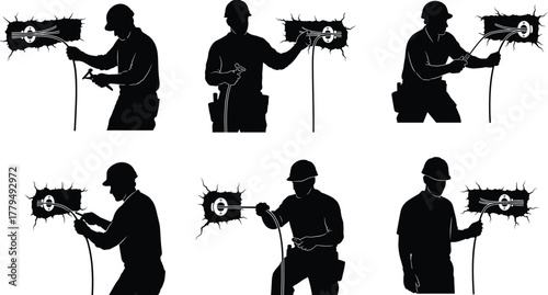 Construction worker silhouette, electrician cable repair, maintenance icon, cracked wall effect, gear wrench emblem, industrial job, vector illustration, black