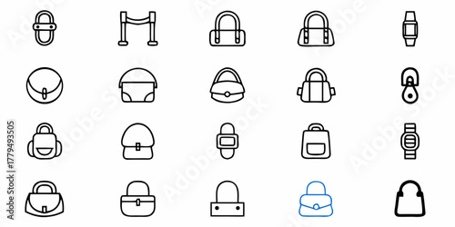 Collection of various types of bags watches and a stanchion in a line art style illustration