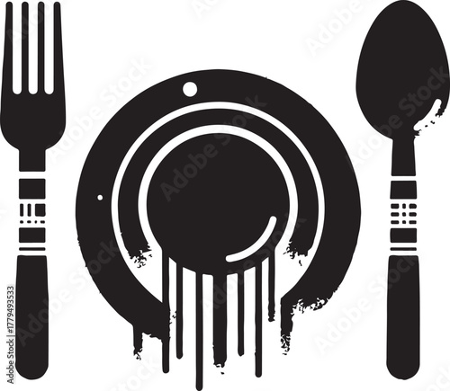 Plate, spoon and fork graffiti with black spray paint. vector illustration