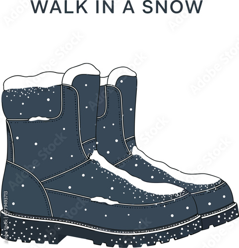 Winter boots covered in snow ready for a walk in the cold weather season now