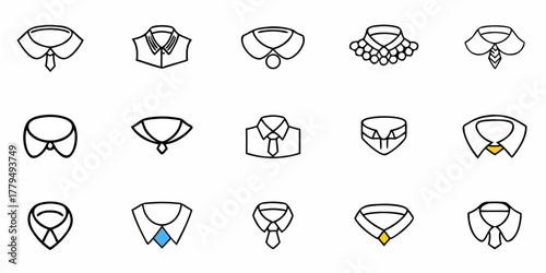Collection of fifteen shirt collar and tie designs with varying styles and detailing in black outline