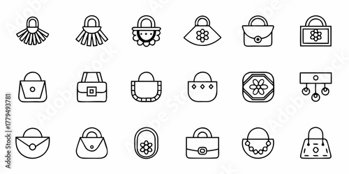 Collection of various handbag and purse designs with different shapes and decorations in outline style