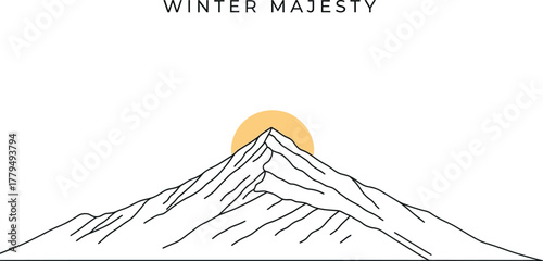 Minimalist mountain peak illustration with sun rising in winter season scenery