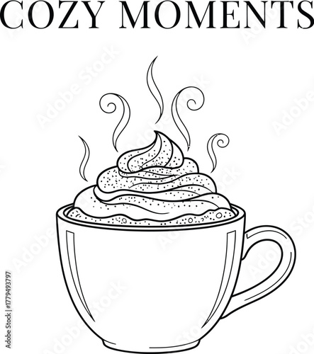 Hand drawn illustration of a steaming cup of coffee for cozy winter moments