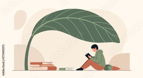 A Person Reads Under a Giant Leaf, Seeking Solace and Knowledge in a Peaceful Scene