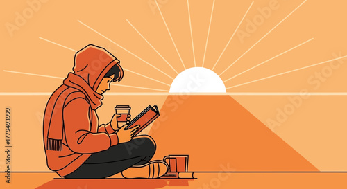 A Person Reads While Sipping Tea as the Sun Sets in a Golden Landscape