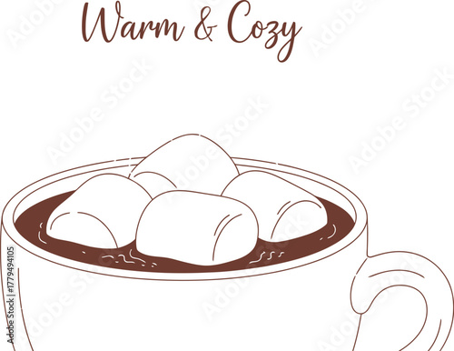 Hot chocolate with marshmallows in a white mug for a warm and cozy feeling