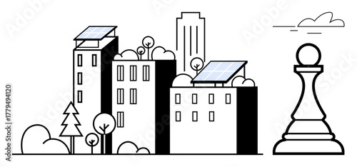 City skyline with solar panels on rooftops, trees, and a pawn symbolizing strategy. Ideal for sustainability, leadership, strategy, urban development, eco-consciousness, renewable energy