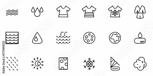A collection of various line art icons featuring water, clothing, and miscellaneous objects