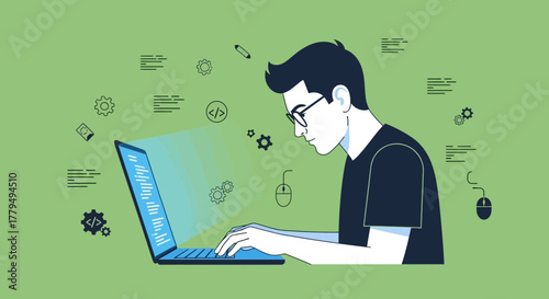 A Young Programmer Focused on Coding, Creating New Digital Solutions or Problems Fixed
