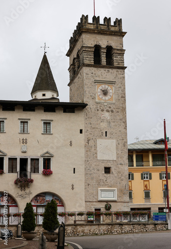 Piazza Tiziano with the Archaeological Museum in Pieve di Cadore, Province of Belluno, Alto Adige, South Tyrol, Alps, Dolomites, Veneto, Veneto, Italy