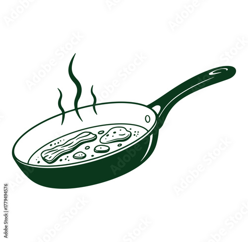 Skillet of cooking breakfast with bacon and eggs prepared with steam for restaurant menu