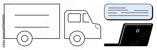 Truck beside packaged box and laptop. Ideal for logistics, delivery management, e-commerce, shipping, transportation, online tracking, business connectivity. Simple flat metaphor
