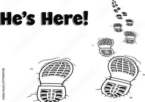 Footprints in snow announce arrival with bold text on a white background art