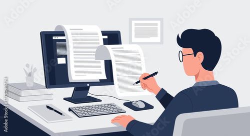 Analyst Working On Report, Reviews Documents And Data, Performing Work At Workspace