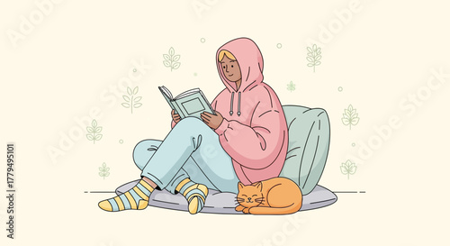 Cozy Moment Shared: Reading And Relaxing With A Happy Cat Illustration