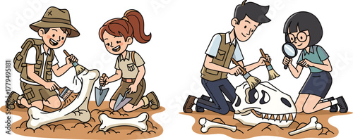 Children and students discovering dinosaur fossils, cartoon paleontologists digging bones, archaeological excavation learning activity, fun science exploration and history study adventure