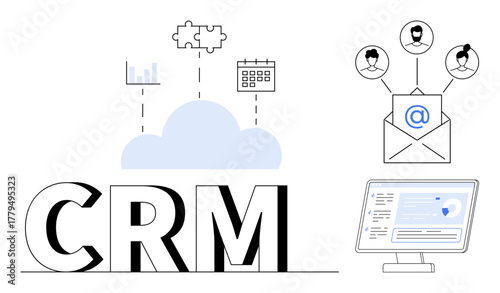 CRM system represented with a cloud, analytics graph, calendar, computer screen, and email network. Ideal for customer management, productivity, communication, automation data visualization team