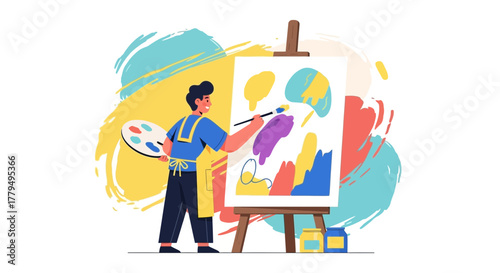 Creative Painting Depicting The Artist's Process With Colorful Brushstrokes and Canvas