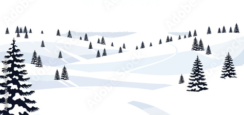 Serene winter landscape with snow covered hills and evergreen trees in daylight