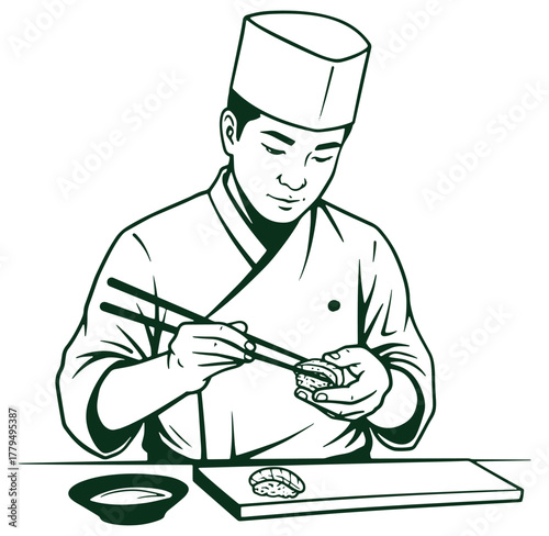 Sushi chef preparing nigiri with chopsticks in a minimalist black and white vector illustration