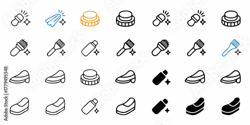 Illustration showcasing cleaning tools, products, and shoes arranged in a grid pattern with simple icons