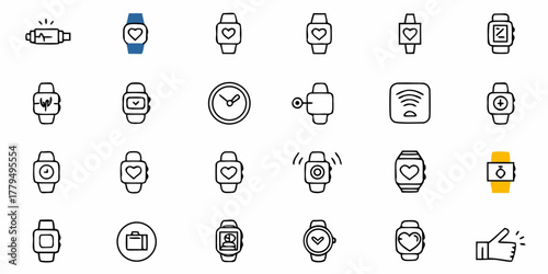 Collection of smartwatch icons displaying various features and functions in a minimalist style design