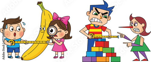 Children measuring objects with tape measure, learning math and size comparison, educational cartoon activity, funny banana measurement, STEM learning for kids illustration