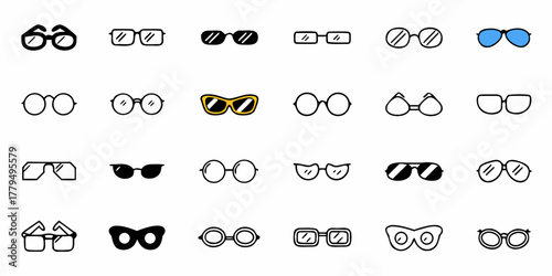 Collection of various glasses and sunglasses with different frames and lens shapes displayed together