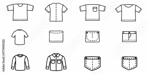 Outlined clothing icons featuring t shirts long sleeve shirts and various pockets in black and white style