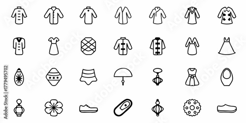 Illustration of various clothing items and accessories including dresses shirts and footwear icons set up pattern