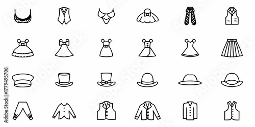 Collection of various clothing items including dresses, hats, vests, and tops in a line art style