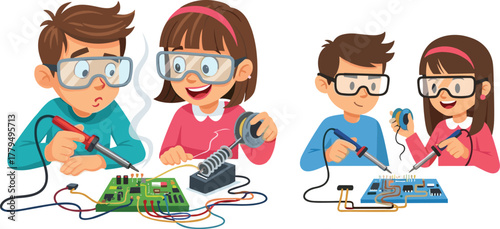 Children learning electronics with soldering tools, STEM education, kids engineering workshop, circuit board building, safety goggles, creative technology learning activity, teamwork and innovation