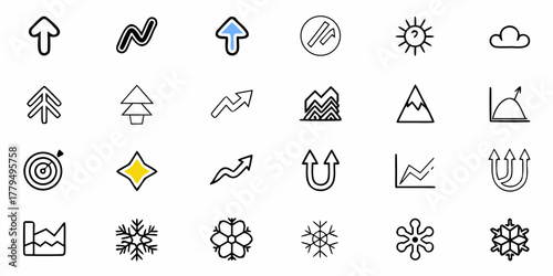 Illustration of various icons including arrows, graphs, trees, snowflakes, and weather elements design 100