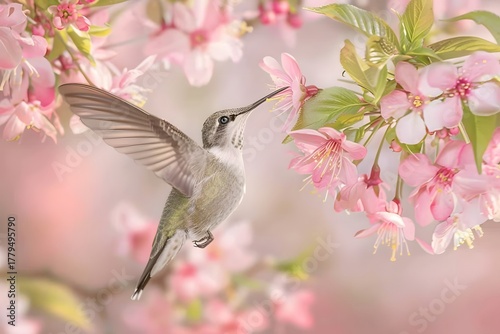 Close-up of vibrant hummingbird feeding on lush pink flowers with fine detail, colourful wings and blurred garden background hummingbird and flowers