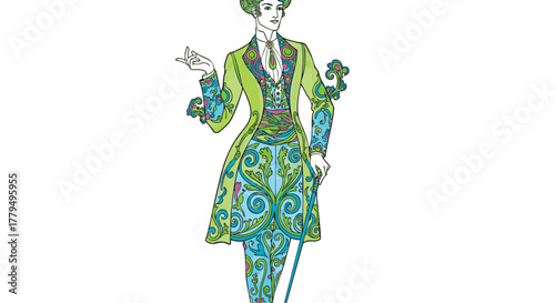 Fashion illustration of a person wearing vibrant green and blue patterned clothing, standing against a plain white background from a frontal viewpoint