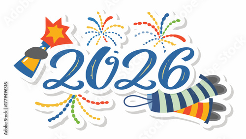 Colorful 2026 new year celebration with fireworks confetti and party poppers on white background
