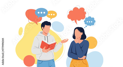 Discussion And Sharing Ideas Between Two People Depicted In A Modern Illustration