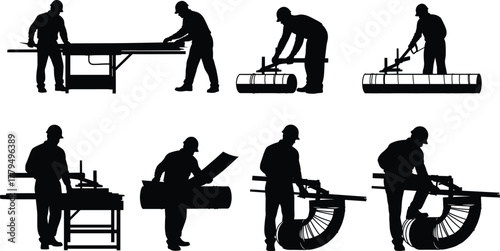 Construction workers silhouettes, industrial labor poses, factory tools, manual work, carpentry, machinery, equipment handling, workshop action, occupational tasks, engineering scenes