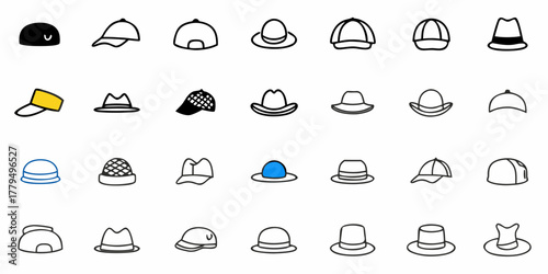 Collection of various types of hats including baseball caps fedoras and beanies in a outlined style drawing