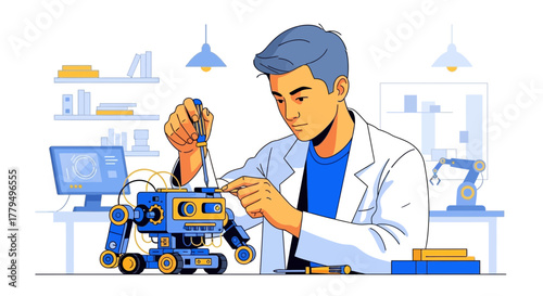 Engineer Assembling Robot With Detailed Precision Perfecting The Complex Machine Design