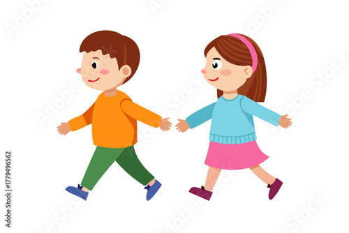 cute little kid boy and girl holding hand and walking together . vector icon