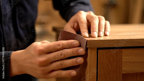 Sanding Wooden Furniture Edge by Craftsman in Workshop