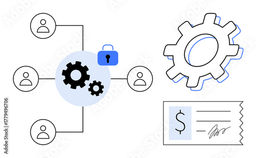 Circular diagram with gears connecting people, padlock for security, large gear, and signed receipt. Ideal for teamwork, security, process optimization, collaboration, payment systems workflow