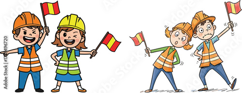 Kids wearing construction uniforms waving safety flags, child safety training, engineering awareness, road safety education, teamwork learning, cartoon construction workers illustration