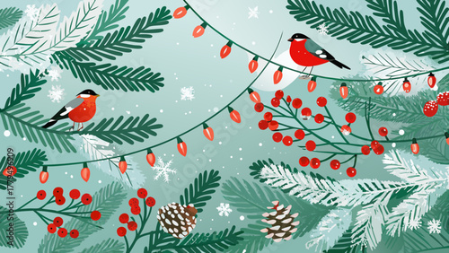 Charming winter scene with bullfinch birds perched on frosted pine branches adorned with red berries and festive lights