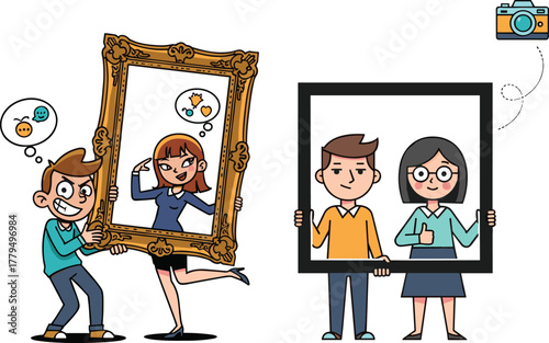 People posing with large photo frames, creative cartoon characters taking pictures, fun photography concept, portrait framing idea for social media and events