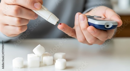 Person Using Blood Glucose Monitor and Lancing Device with Sugar Cubes on Table